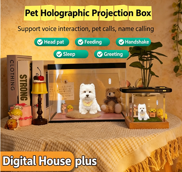 Cute Pet Workshop 3D hologram pet memorial — two devices side-by-side showing different finishes
