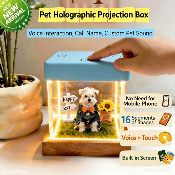 Cute Pet Workshop 3D hologram pet memorial — hero front view with personalized pet portrait