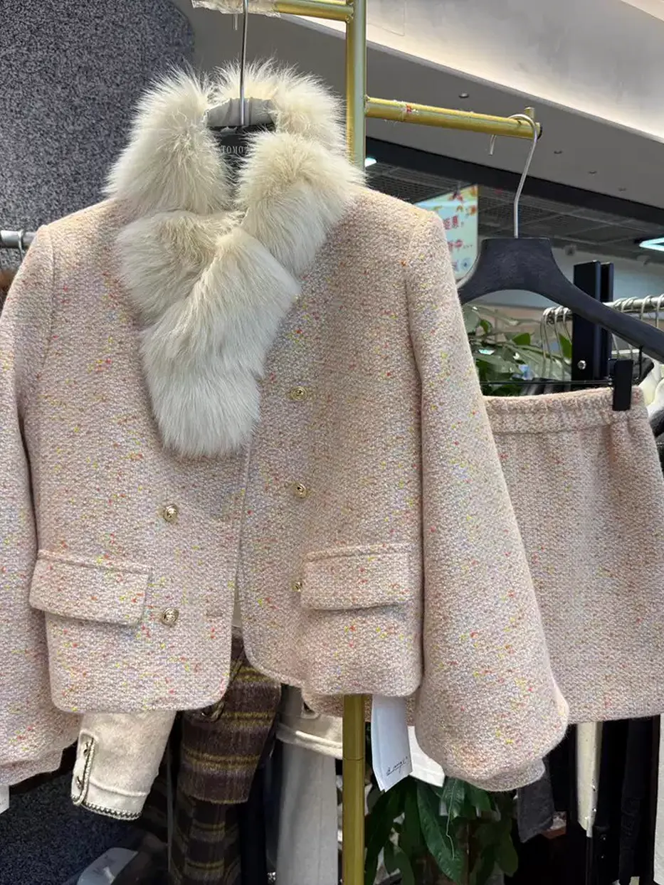 Women's double-breasted fox-fur-collar two-piece set — Style 6129