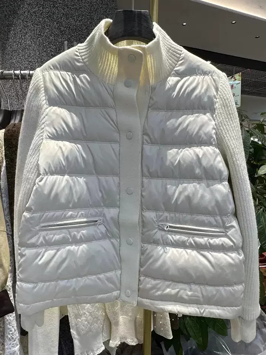 Women's knit-sleeve panelled patch-pocket down jacket · 98059