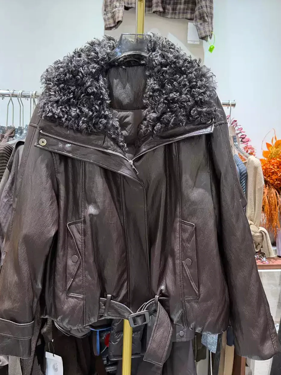 Women's curly-fur hem-tie down jacket · 98059
