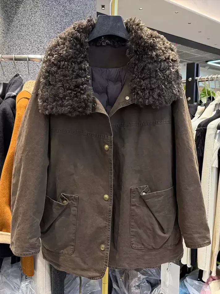 Women's grey single-breasted lapel down jacket — Style 16712