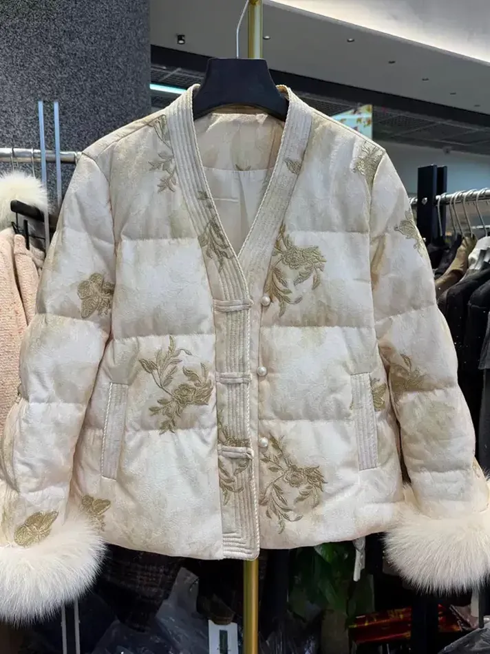 Women's embroidered white-duck-down down jacket — Style 261017
