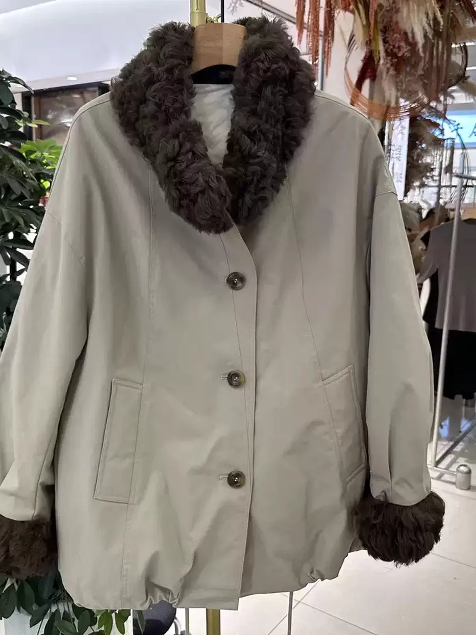 Women's hem-drawstring fur-collar down jacket · 98059