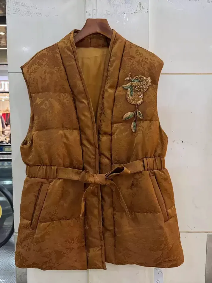 Women's v-neck goose-down cinched-waist down jacket — Style 265827