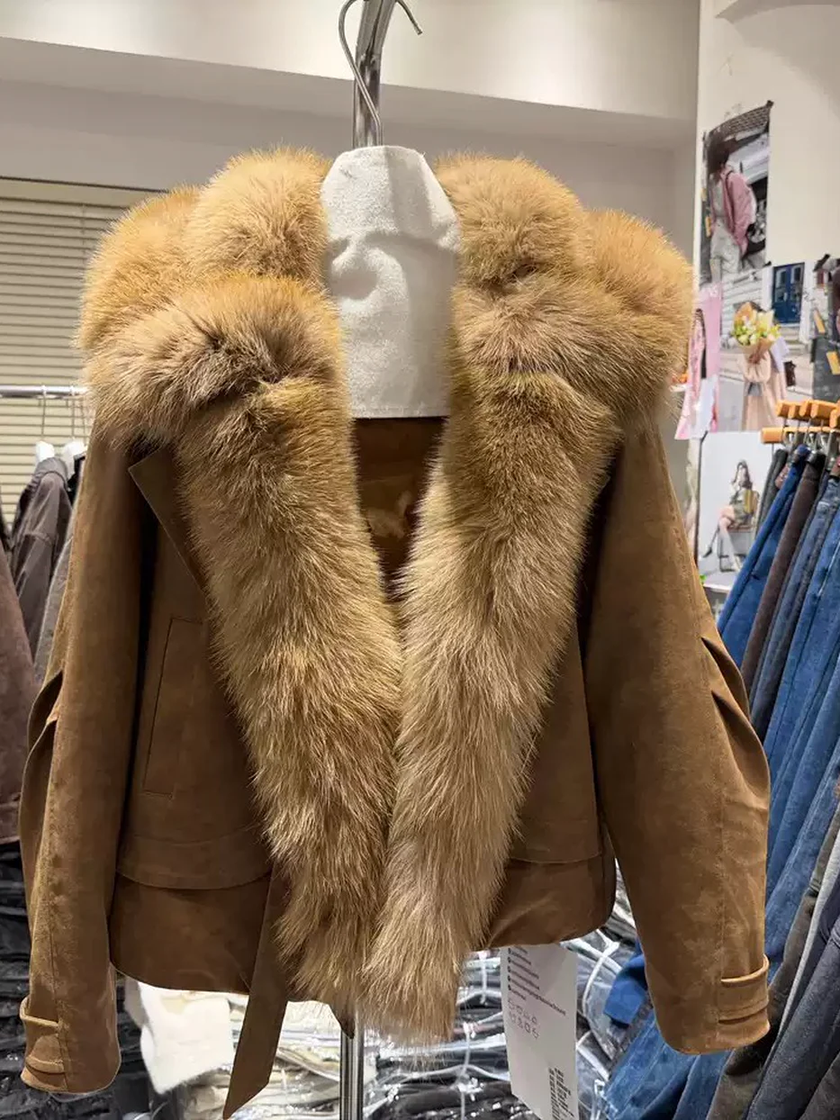 Women's fox-fur-collar white-goose-down camel down jacket · 98059