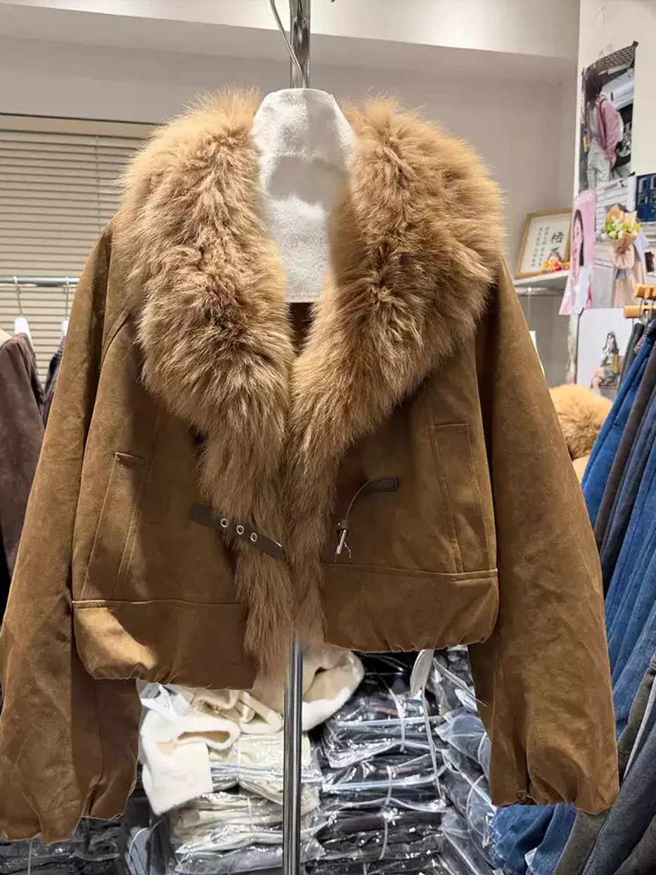 Women's fox-fur-collar white-goose-down coffee down jacket · 98059