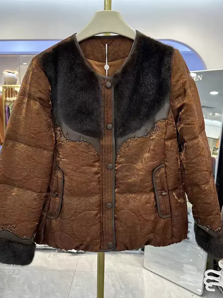 Women's brown single-breasted down jacket — Style 26B-F07