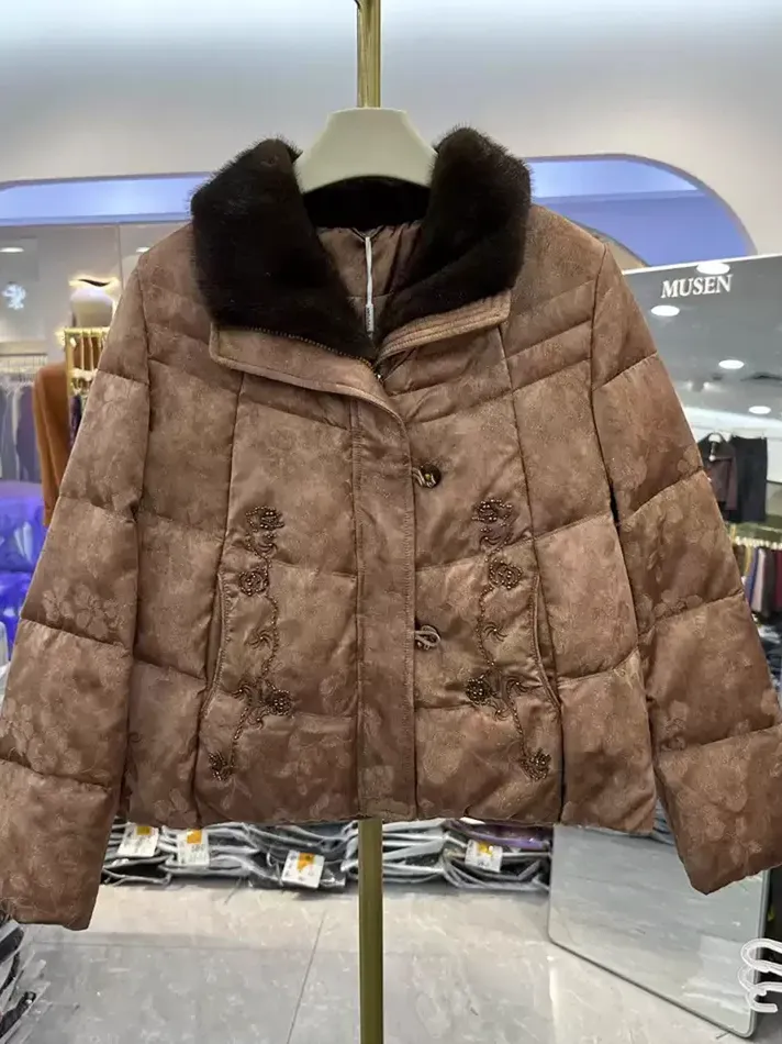 Women's brown beaded down jacket — Style 26B-F08