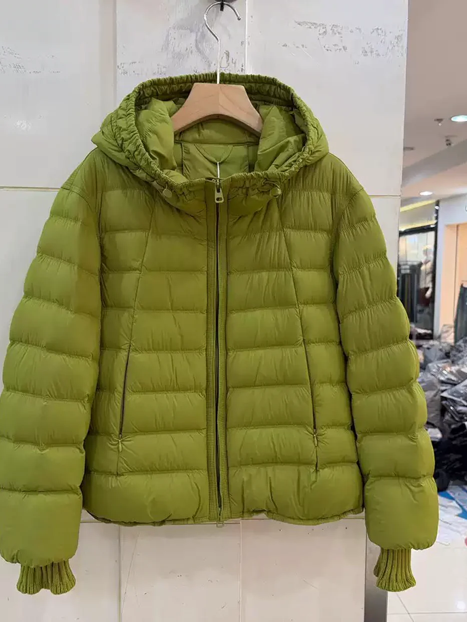 Women's zip hooded white-duck-down army-green down jacket — Style 26Y1119