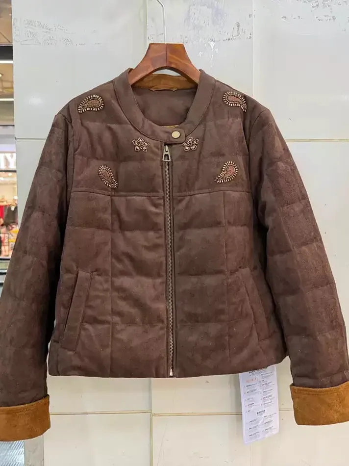 Women's zip stand-collar suede down jacket — Style 273120