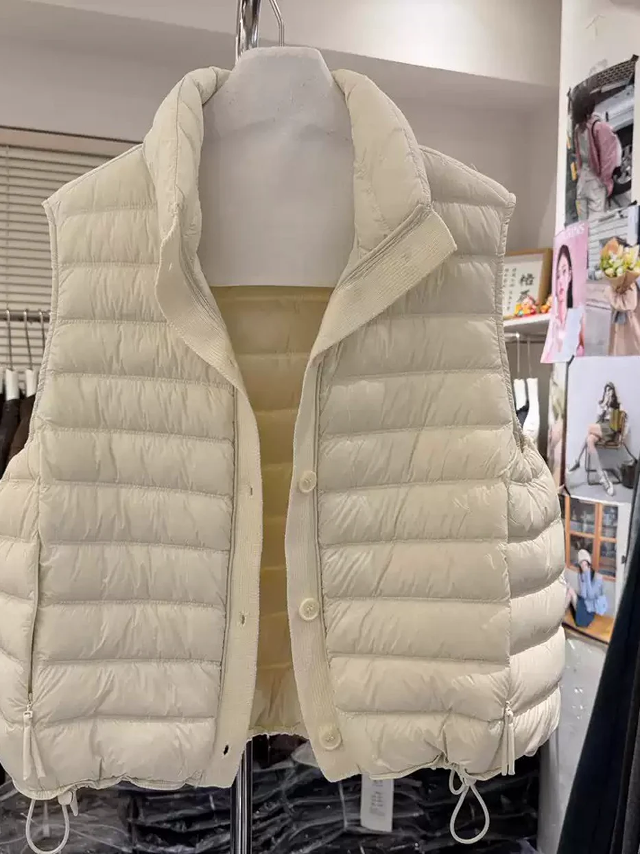 Women's channel-quilted drawstring down vest · 98059