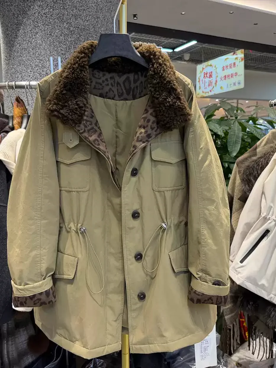 Women's cinched-waist drawstring patch-pocket down jacket · 98059