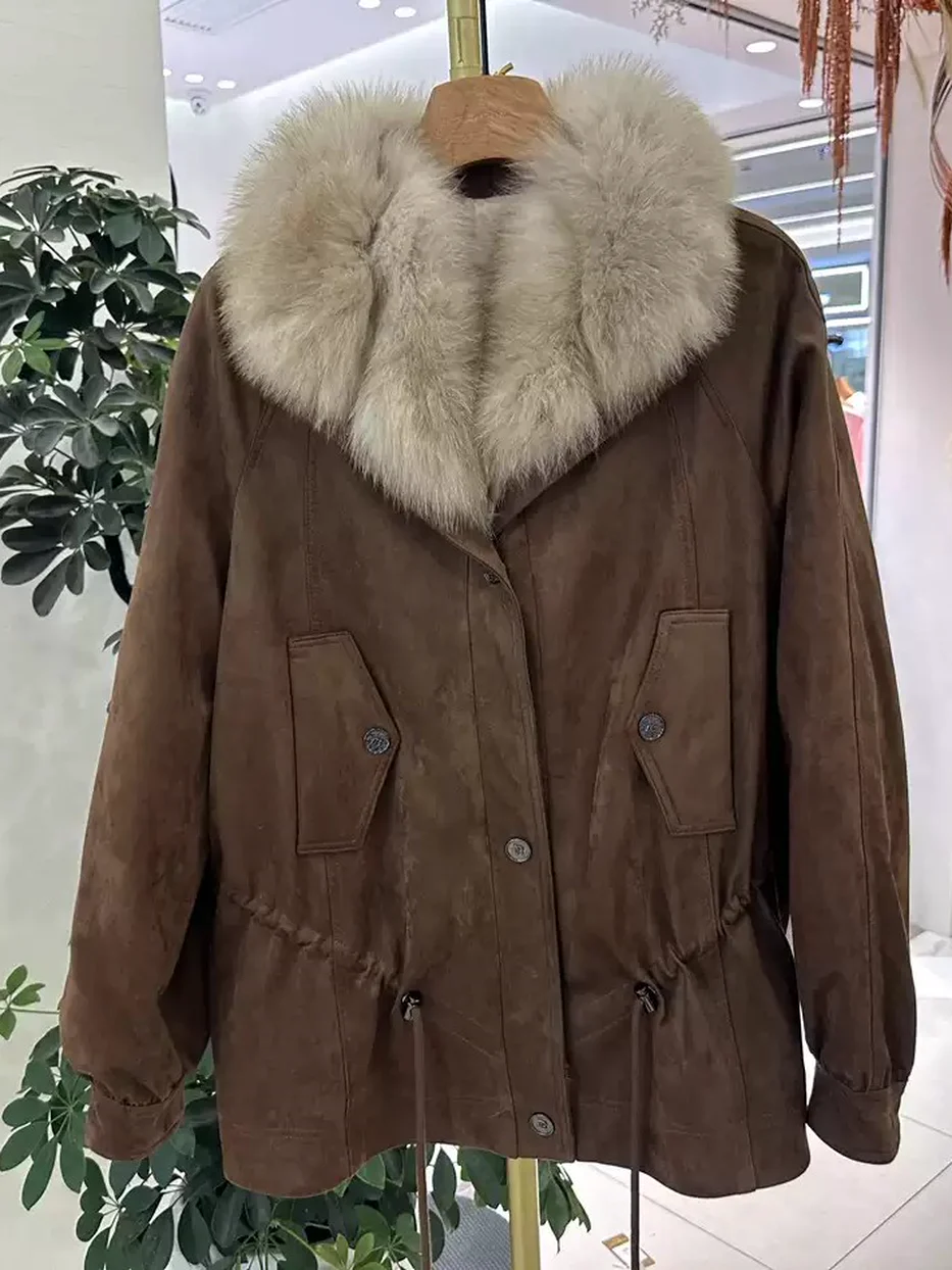 Women's cinched-waist drawstring fox-fur-collar down jacket · 98059
