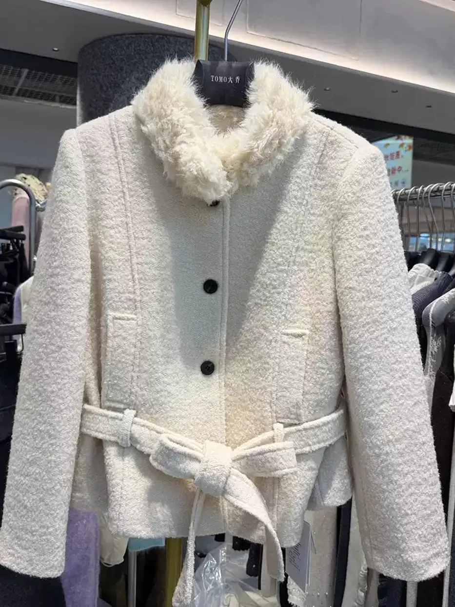 Women's single-breasted tie-waist champagne down jacket · 98059