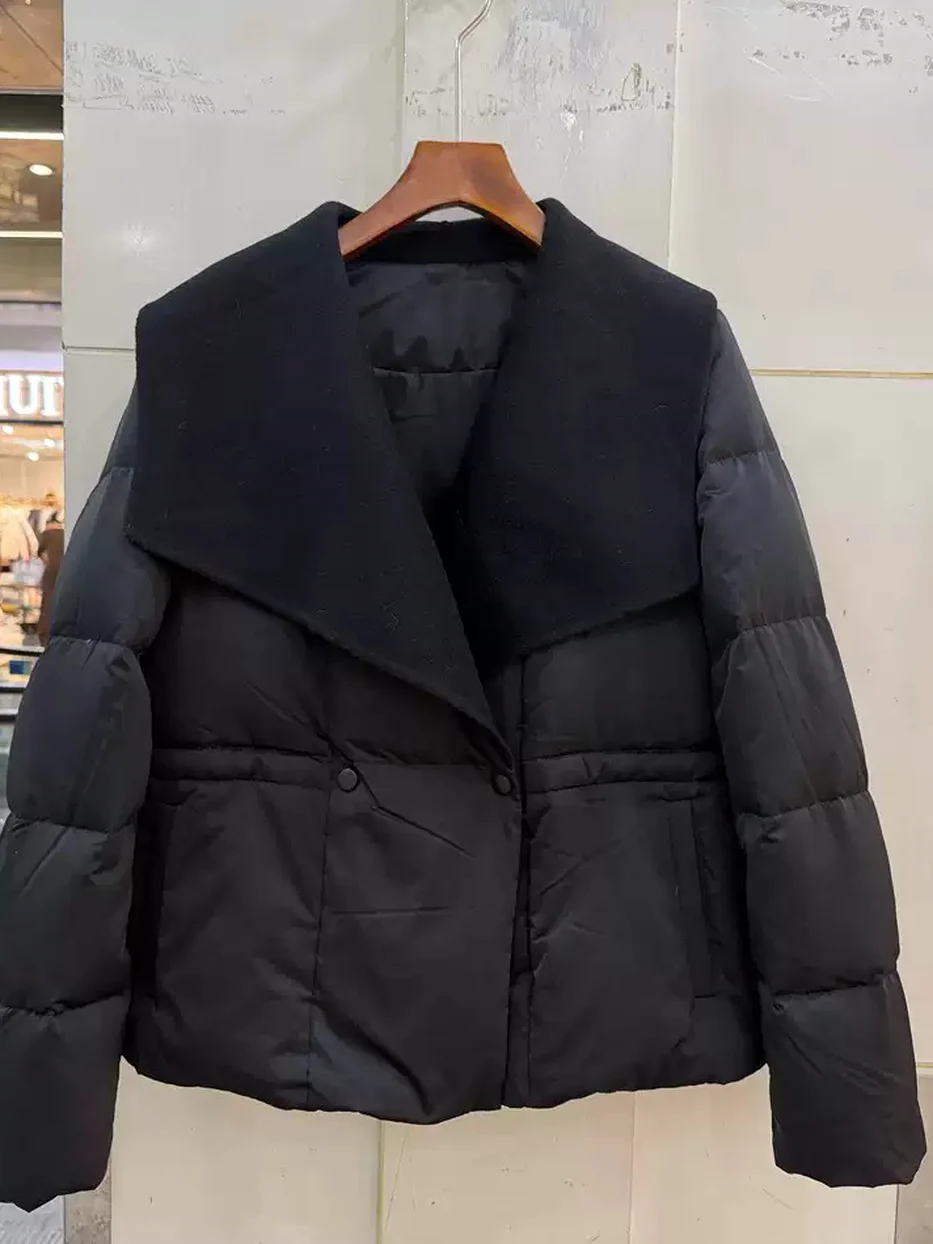Women's cinched-waist drawstring panelled large-lapel down jacket · 98059