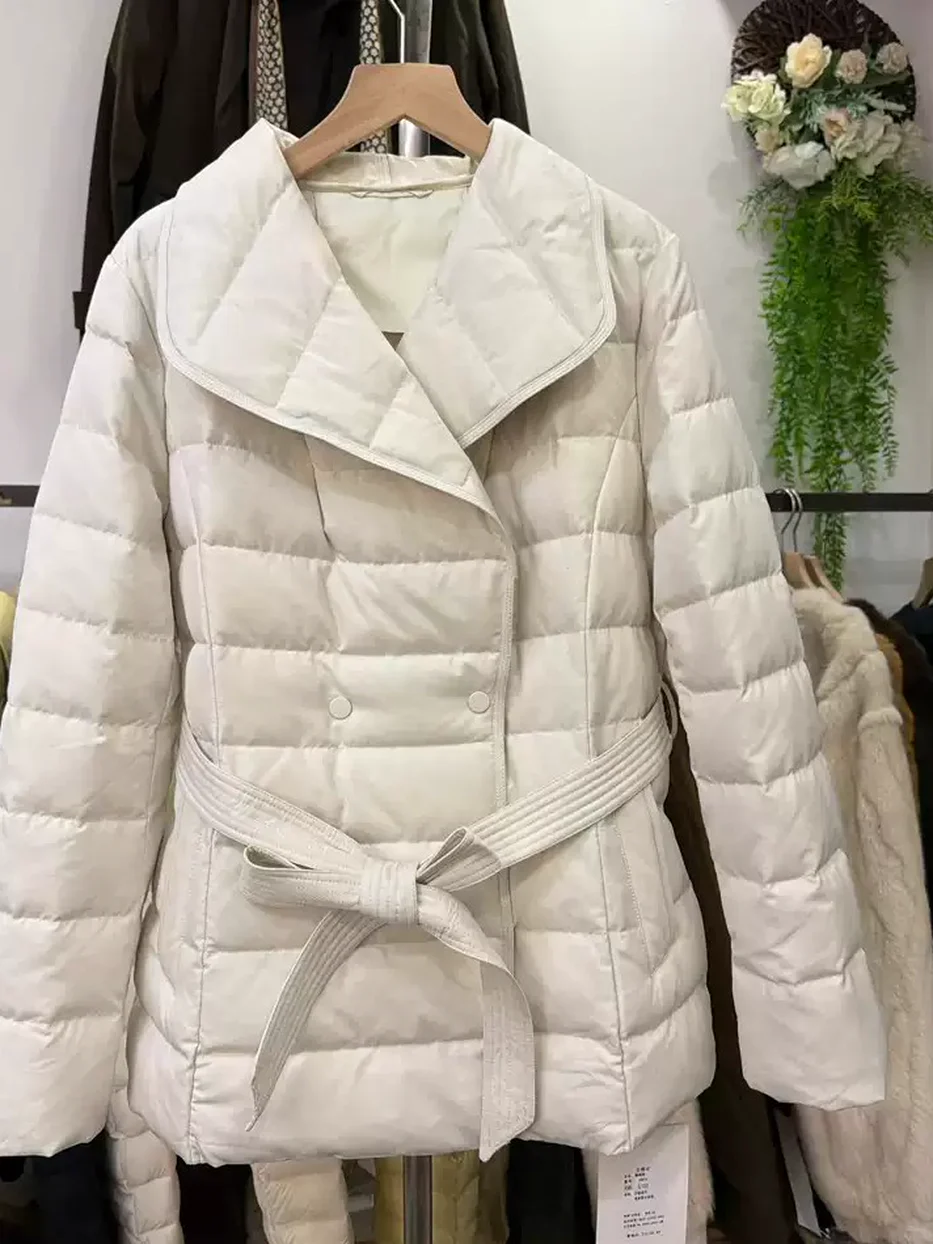 Women's belted cinched-waist large-lapel down jacket · 98059