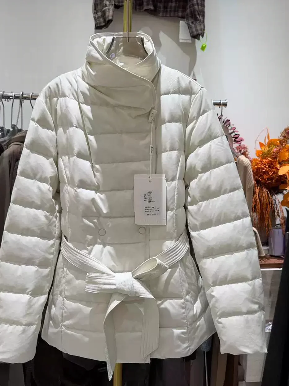 Women's belted cinched-waist stand-collar down jacket · 98059