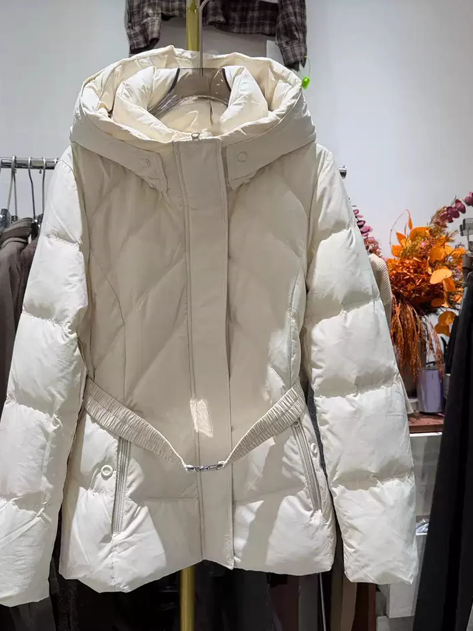 Women's belted cinched-waist hooded down jacket · 98059