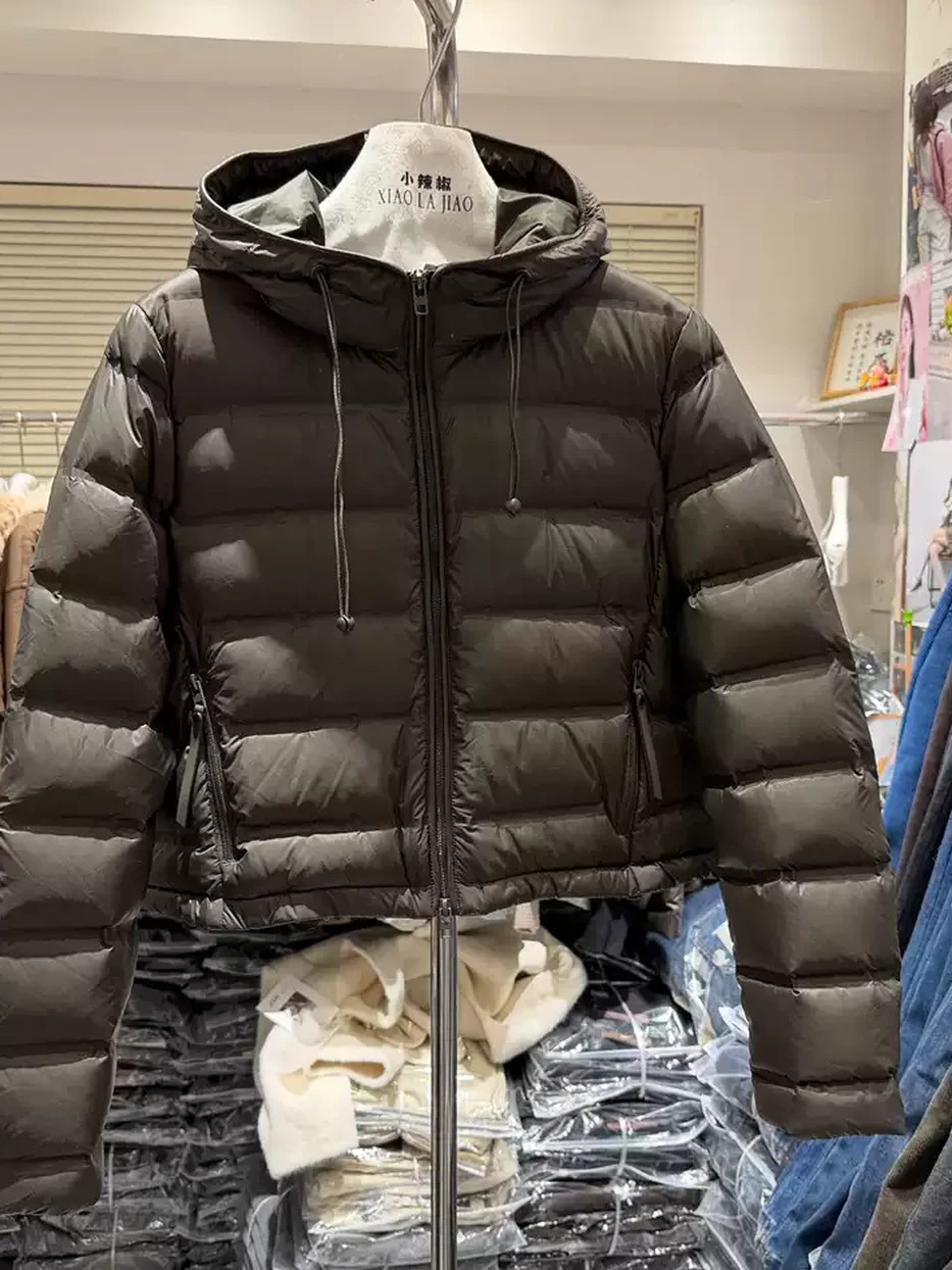 Women's zip hooded white-duck-down black down jacket — Style 747-1094912233485