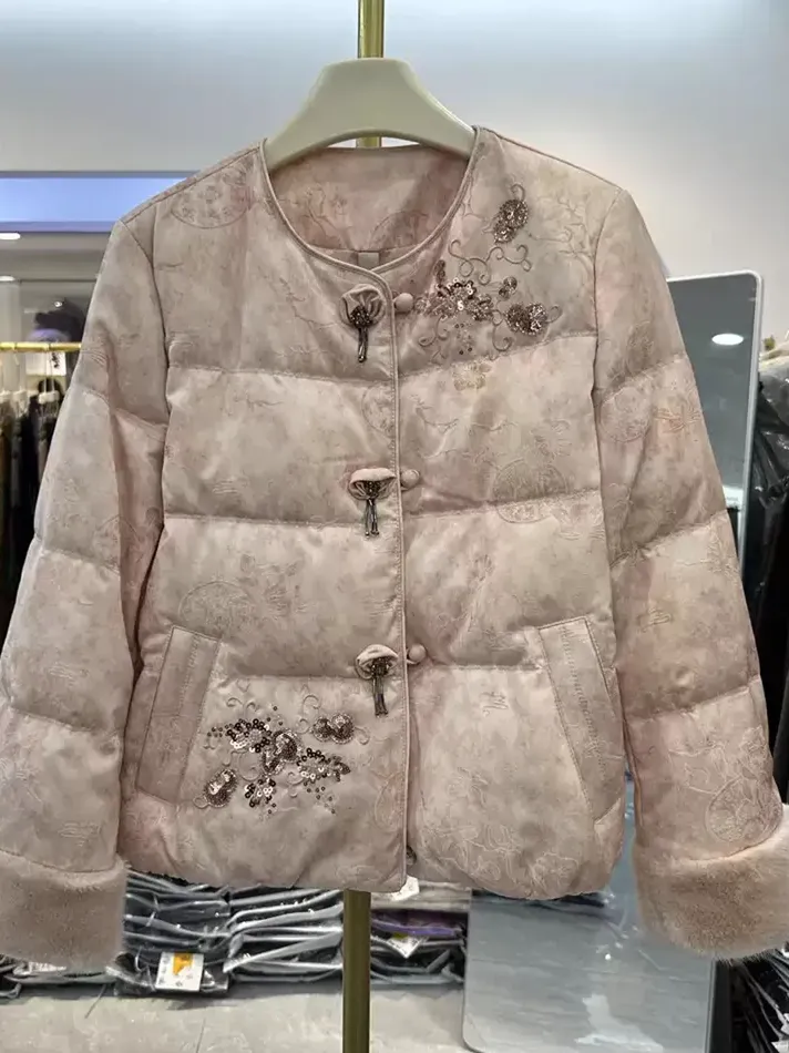 Women's grey embroidered down jacket — Style 77040