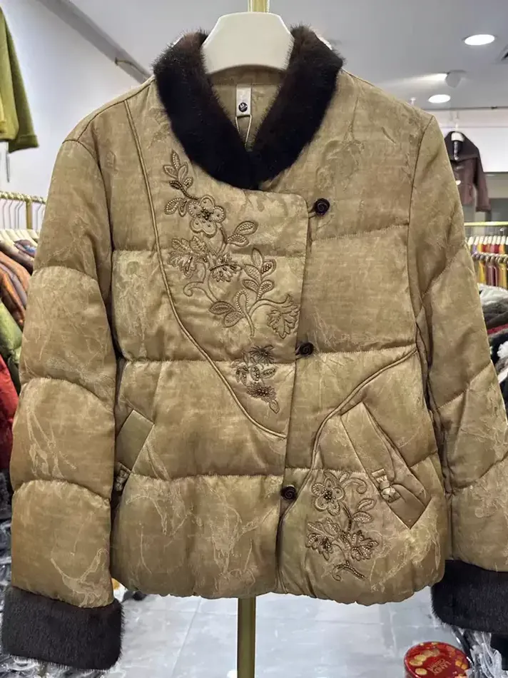 Women's camel embroidered down jacket — Style 77049