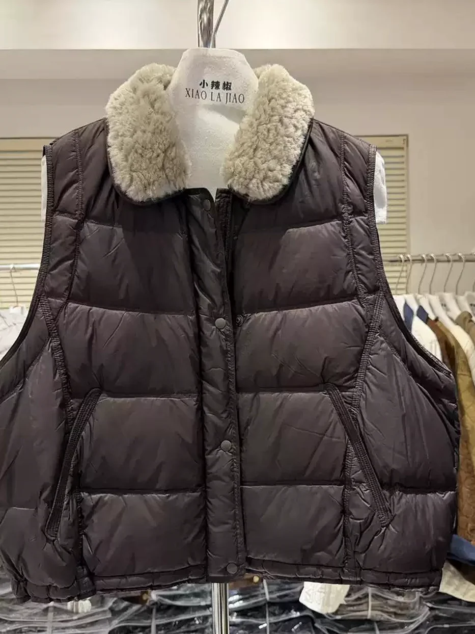 Women's zip plush-fur-collar down vest — Style 80025