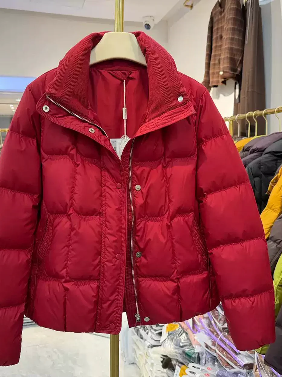 Women's zip stand-collar white-duck-down burgundy down jacket — Style 9158