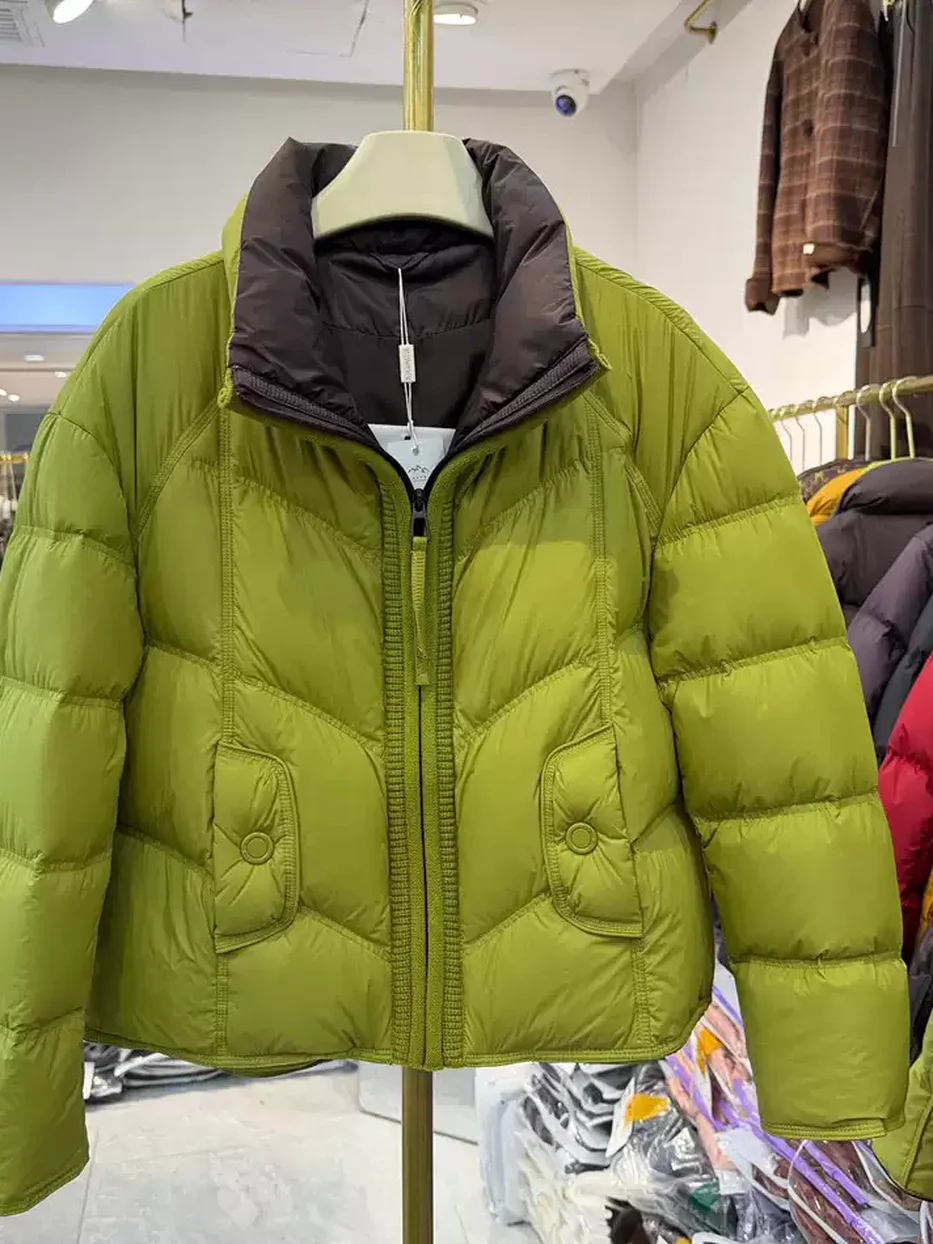 Women's zip stand-collar white-duck-down olive down jacket — Style 9159