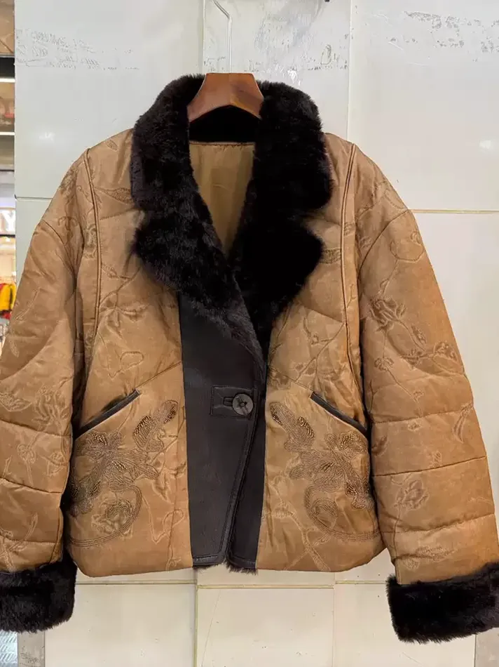 Women's embroidered notched-lapel goose-down down jacket — Style 9161