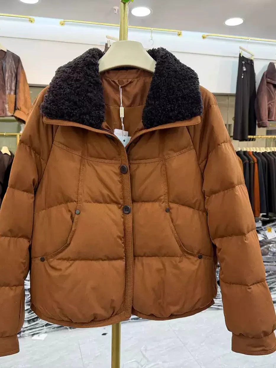 Women's two-button plush-fur-collar down jacket — Style 9167