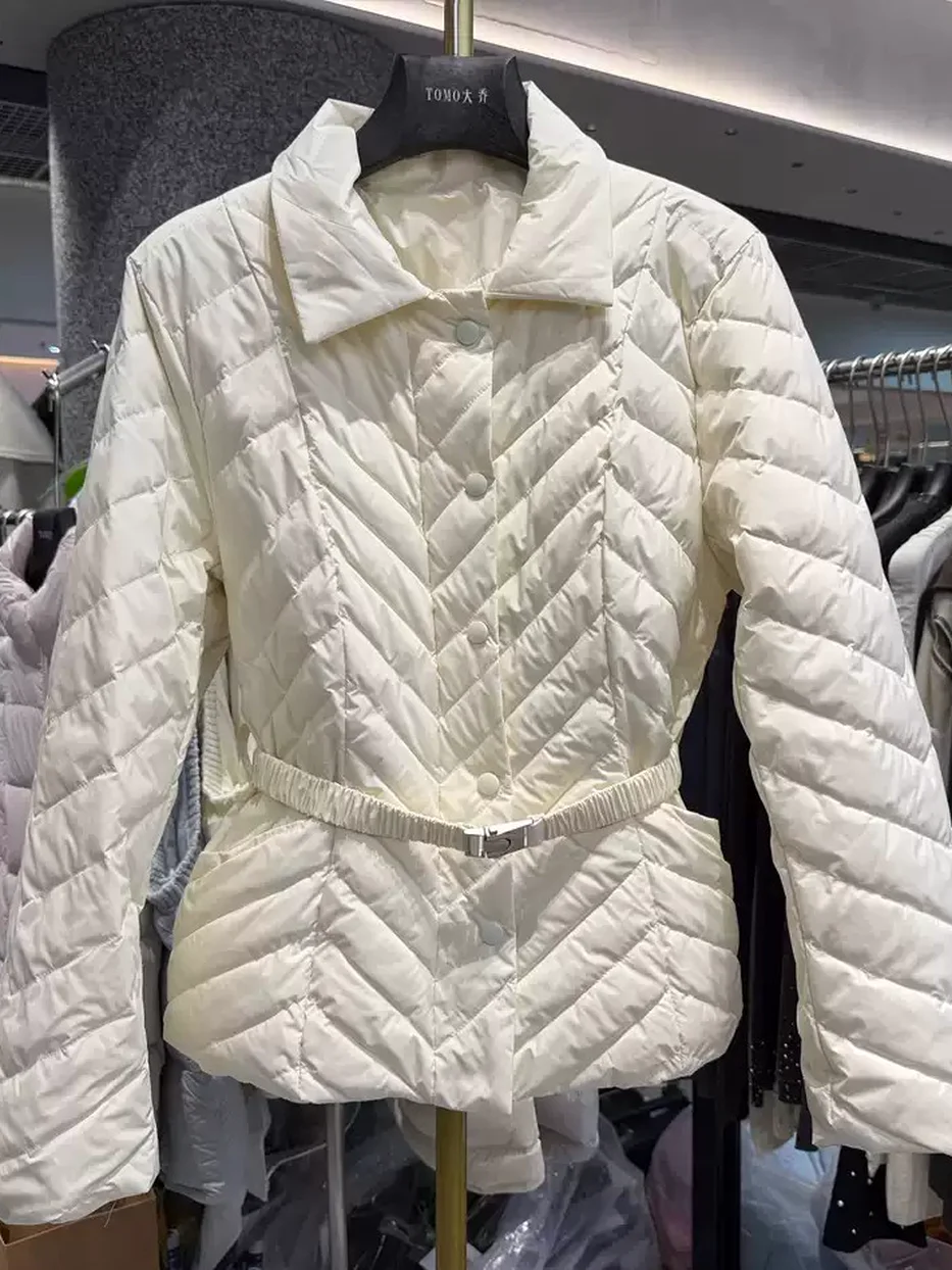 Women's belted cinched-waist single-breasted down jacket · 98059