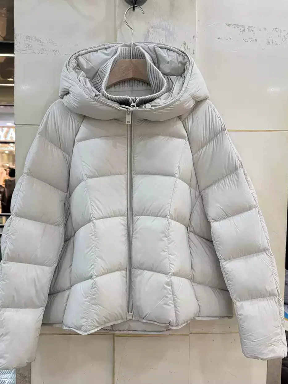 Women's panelled hooded stand-collar down jacket — Style 9576