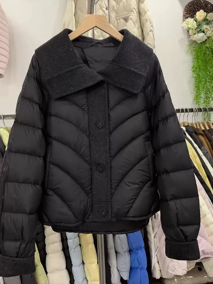 Women's channel-quilted lapel white-duck-down down jacket — Style D7105