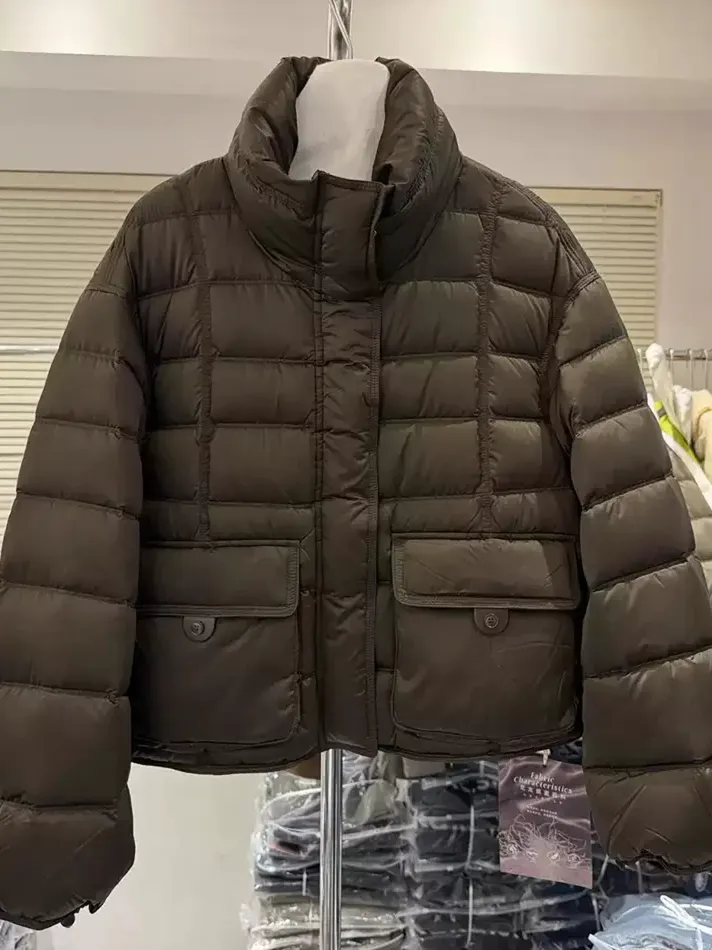 Women's black zip stand-collar down jacket — Style DFE66N80032