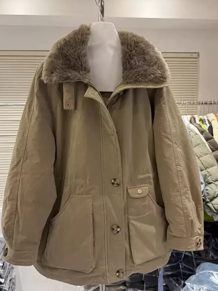Women's brown zip lapel down jacket — Style DFE66N80102