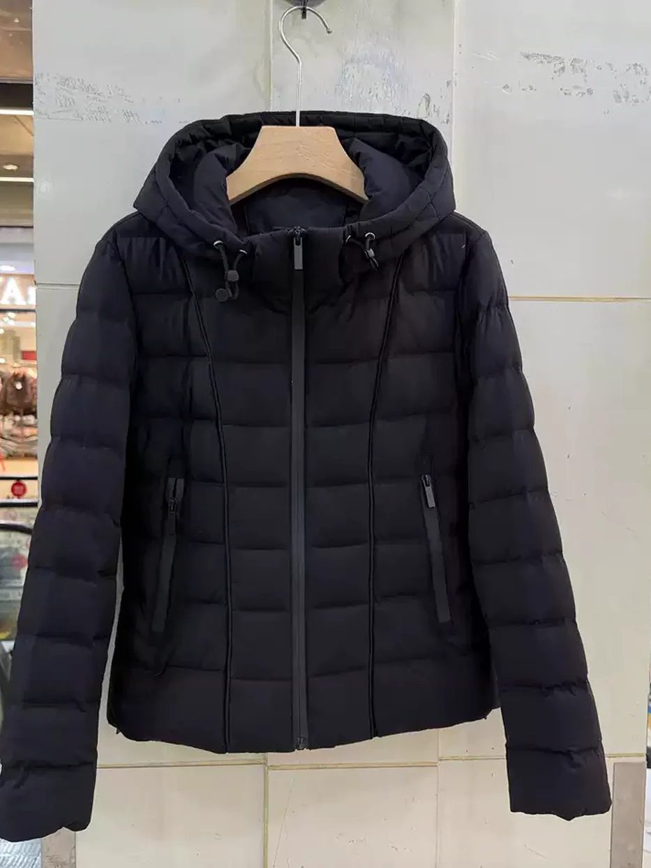 Women's channel-quilted hooded white-duck-down down jacket · 98059
