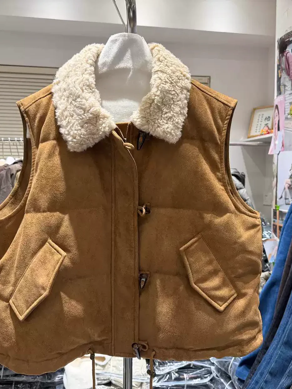 Women's toggle-front plush-fur-collar down vest — Style H27039