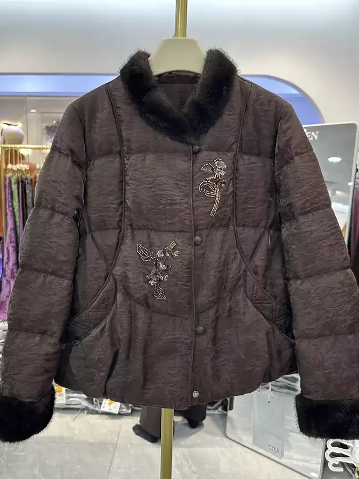 Women's grey beaded down jacket — Style M26DY910