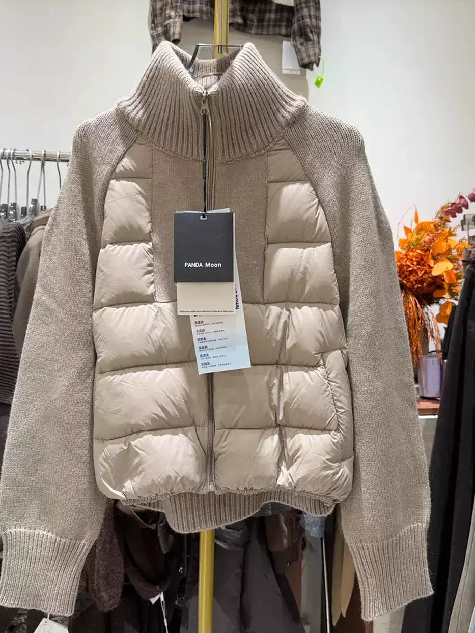 Women's panelled zip stand-collar knit down jacket — Style Moon6320