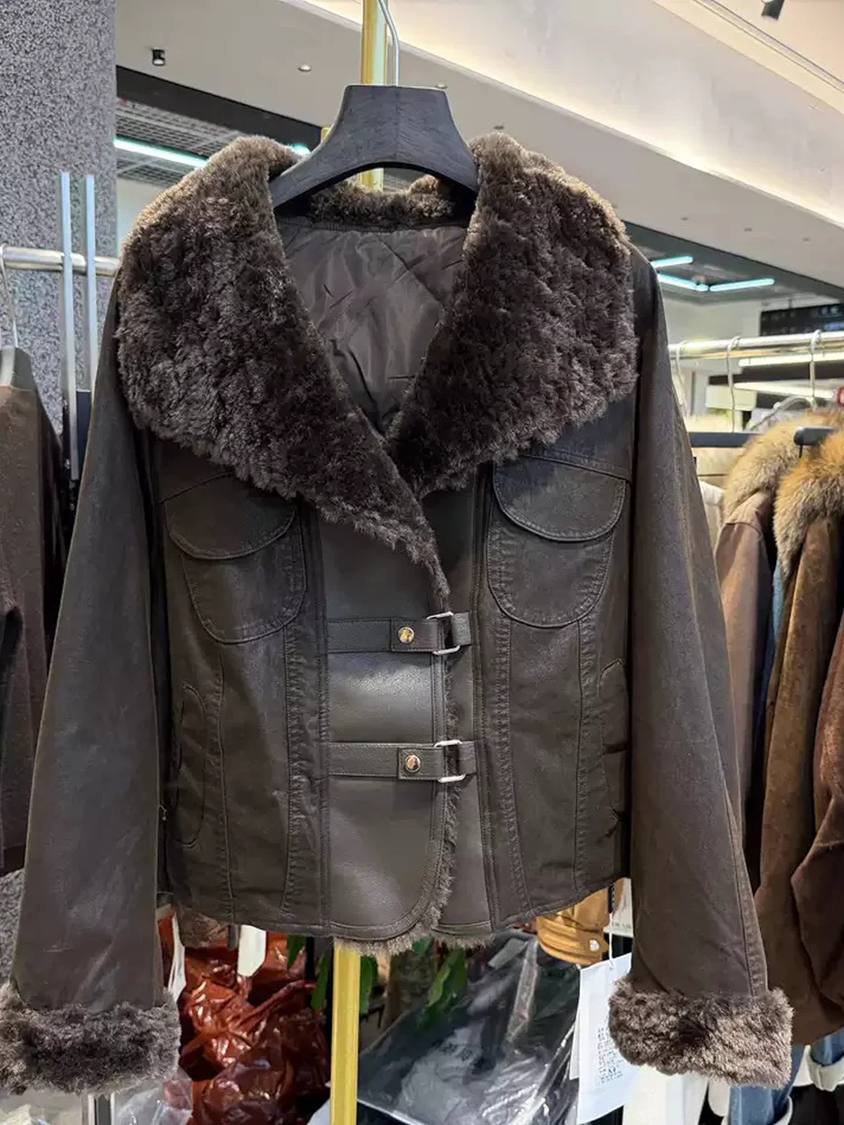 Women's plush-fur-collar shearling down jacket · 98059