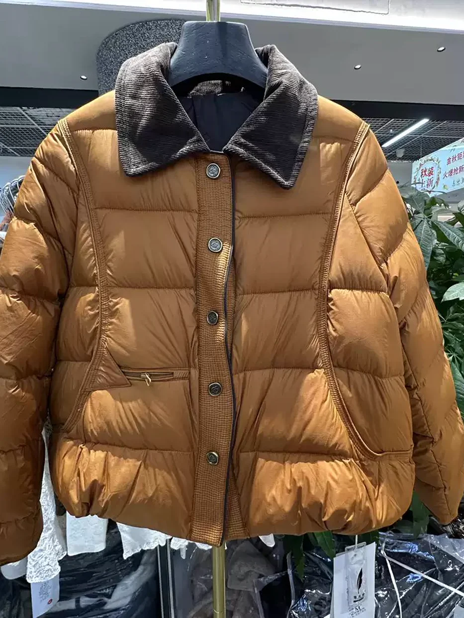 Women's single-breasted lapel corduroy white-duck-down down jacket — Style Q102-1096399608383