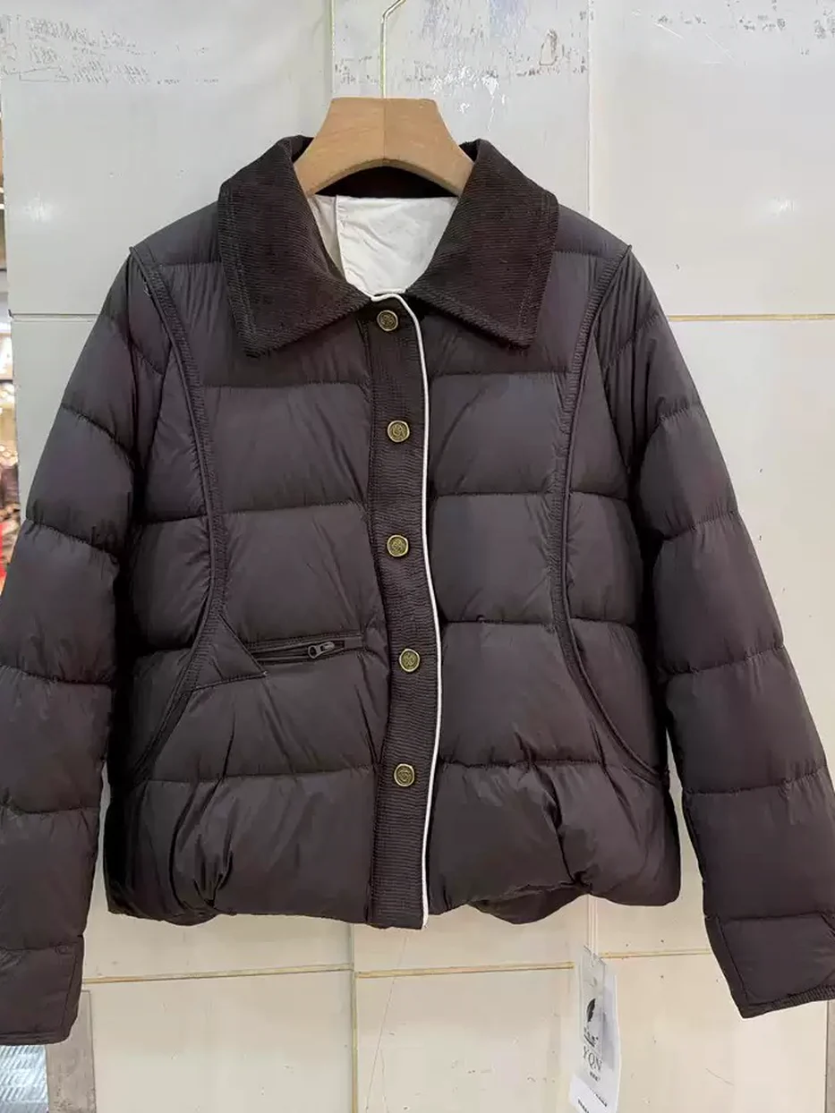 Women's single-breasted lapel corduroy down jacket — Style Q102