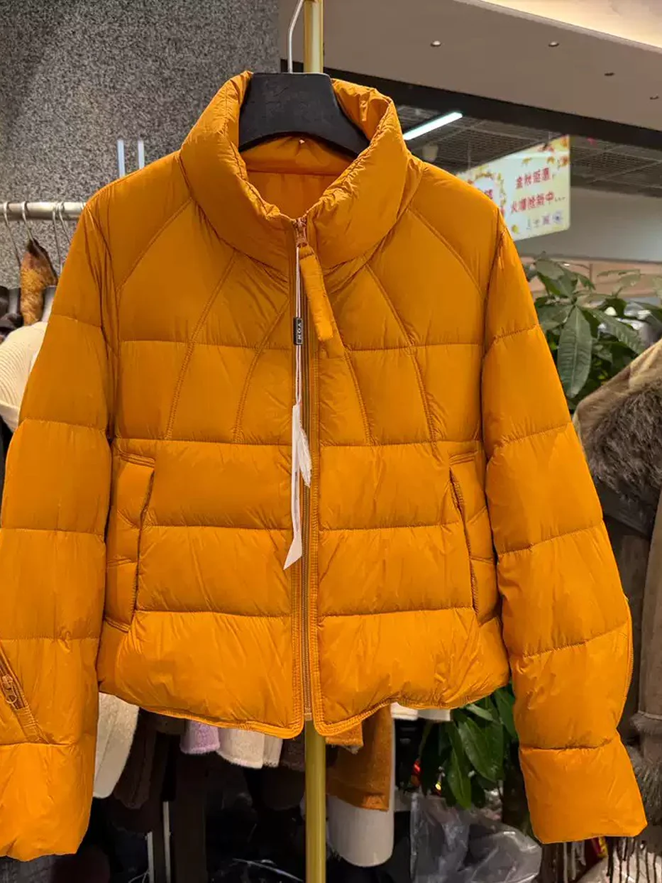 Women's zip stand-collar white-duck-down orange down jacket — Style Q120