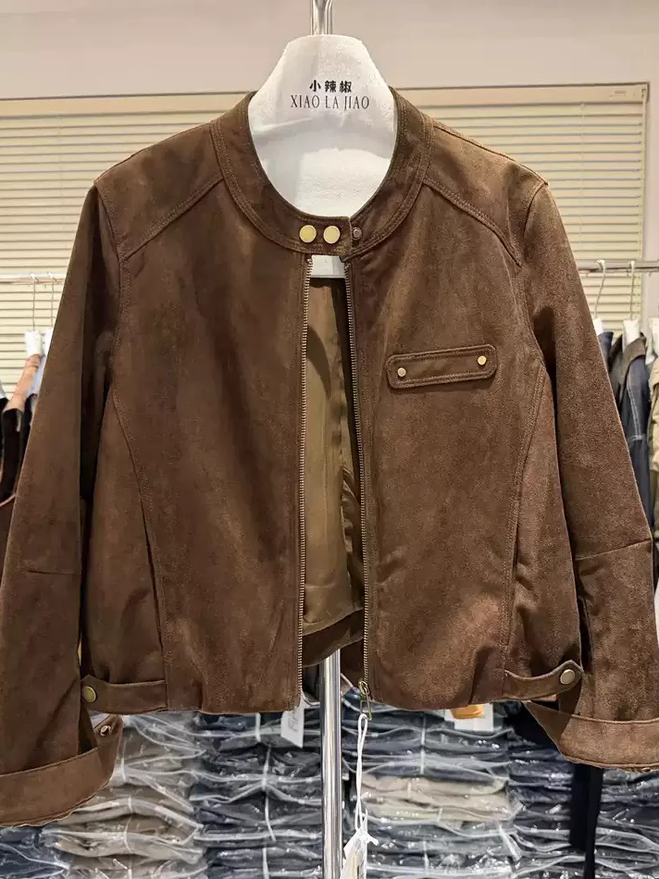 Zip-front crew-neck long-sleeve jacket