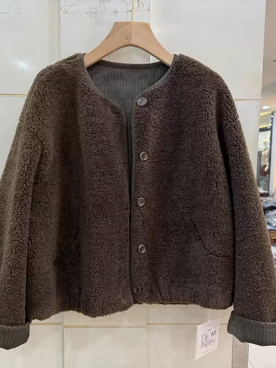 Women's crew-neck shearling fur jacket — Style 26176
