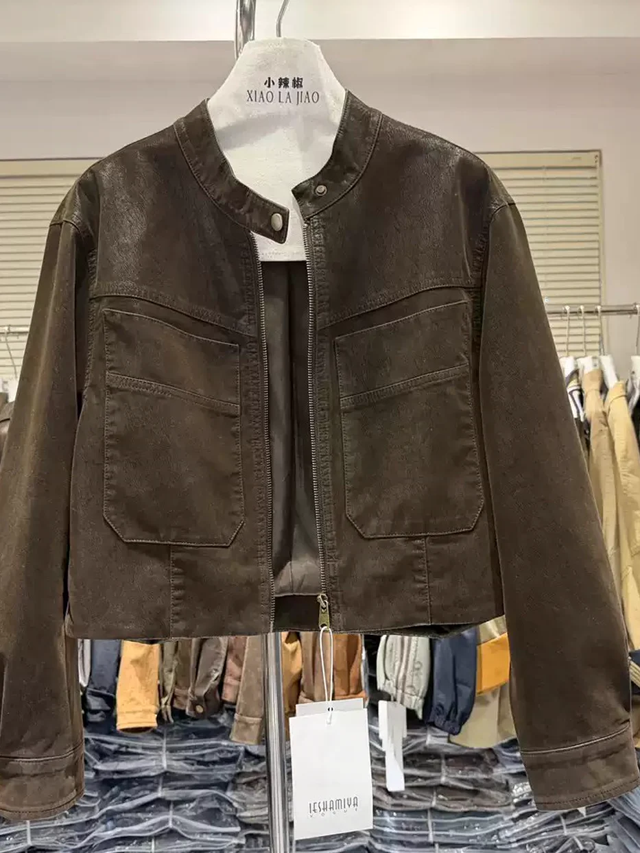 Zip-front stand-collar faux-leather jacket