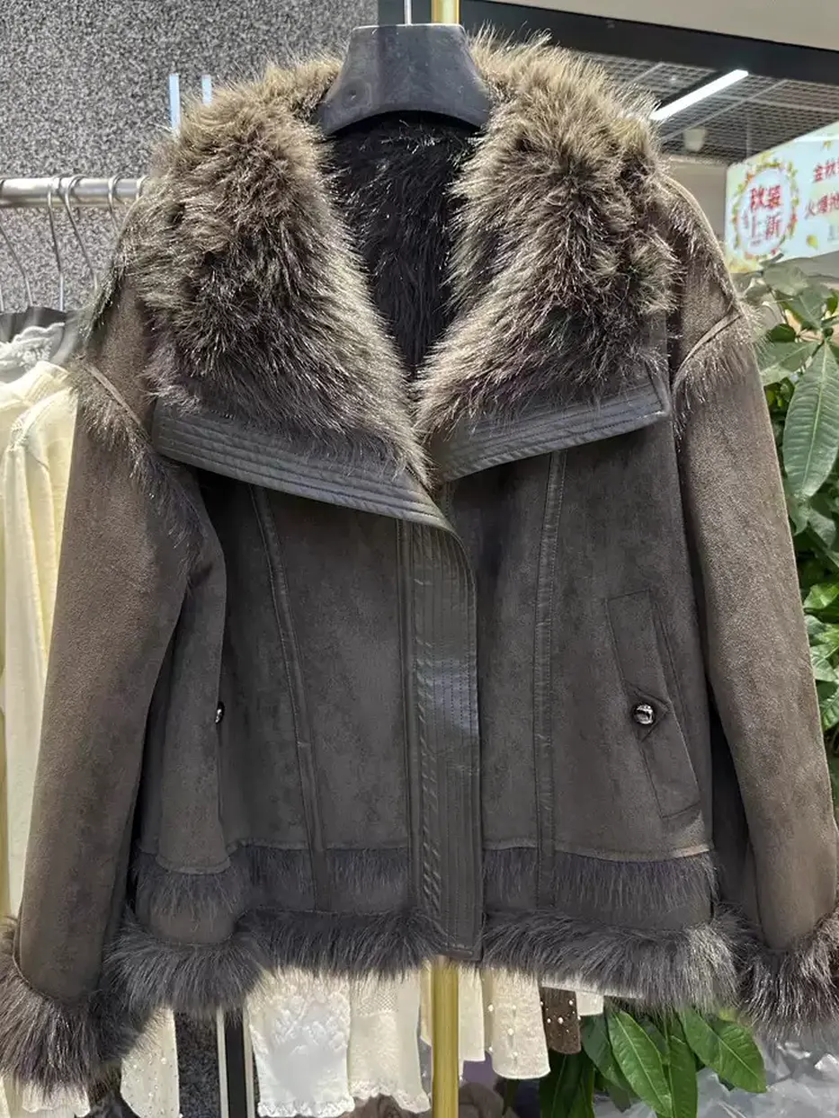 Women's lapel shearling heavyweight fur jacket — Style 266291
