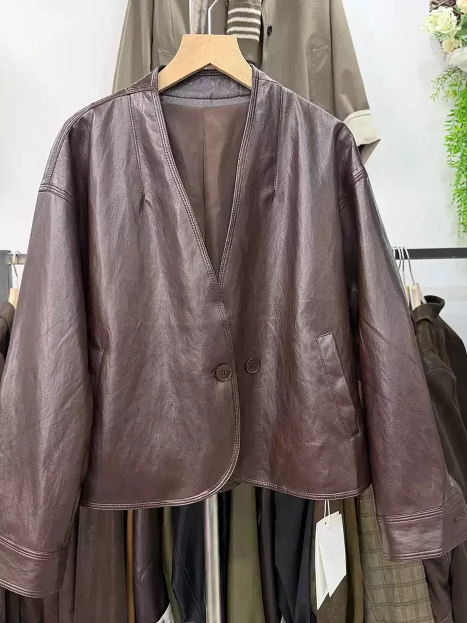 Cropped V-neck faux-leather jacket, relaxed fit — Style 26A21