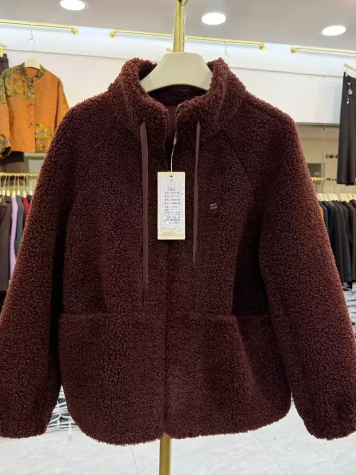 Women's drawstring stand-collar teddy jacket — Style 26C059